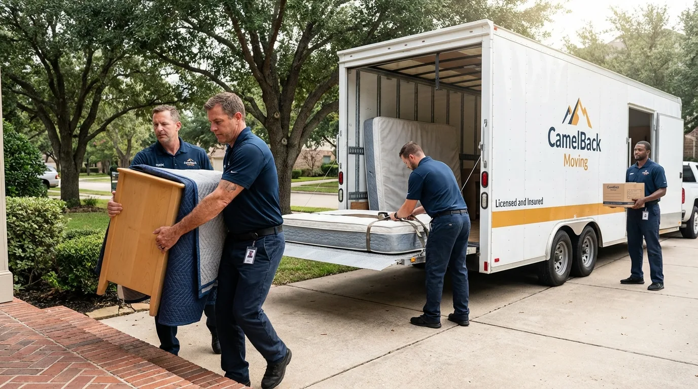 Crew loading residential truck for cross-state move from Mission Hills, CA