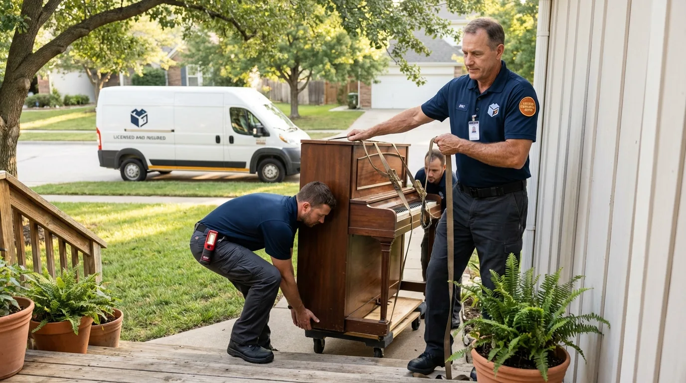 Licensed piano movers securing grand piano in Mission Hills, CA