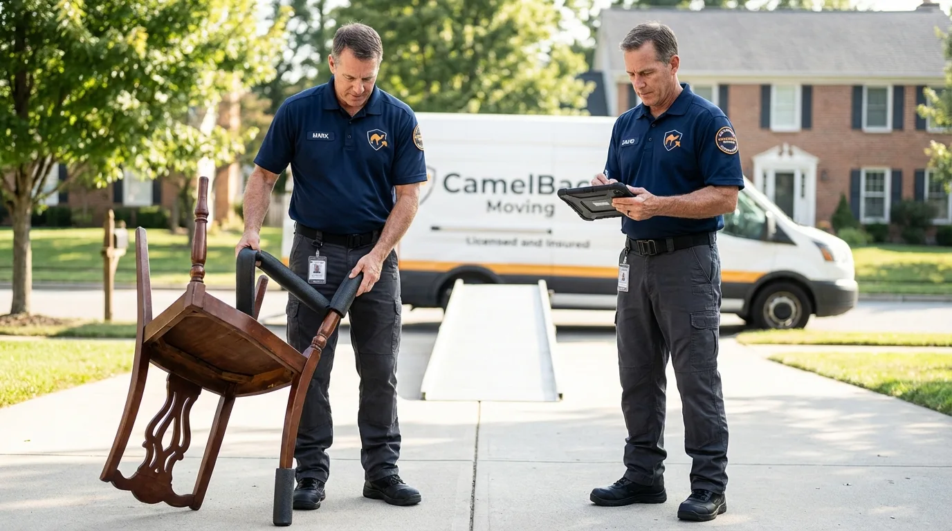 Movers inspecting furniture for damage prevention before loading in Mission Hills, CA