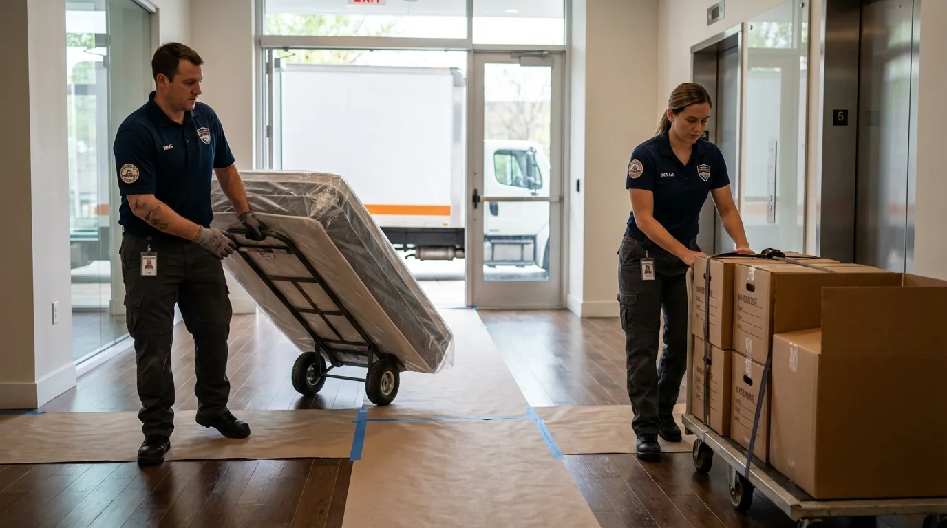 Professional apartment movers loading elevator in Mission Hills, CA