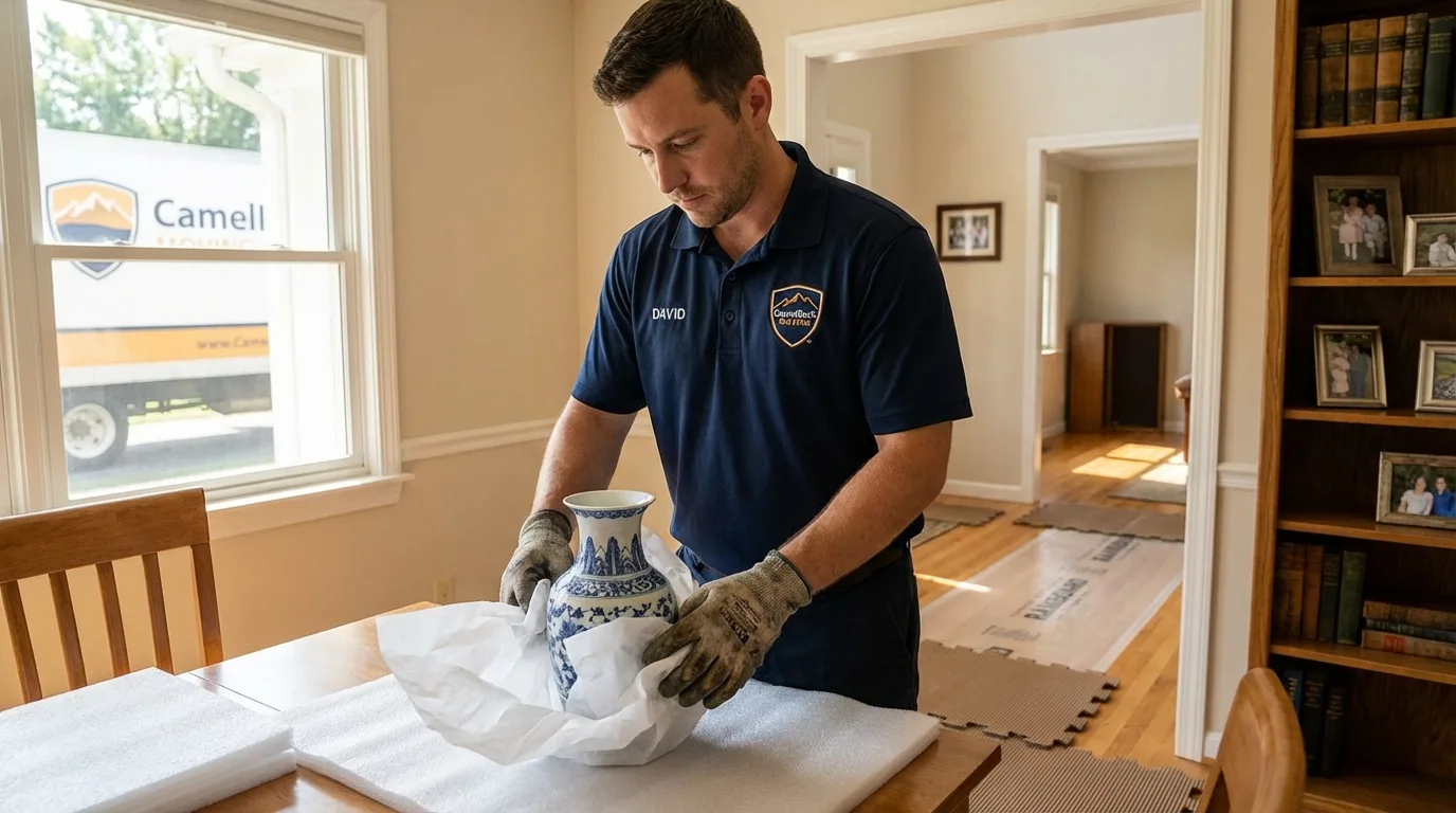Professional crew carefully wrapping antique vase for senior downsizing move in Mission Hills, CA